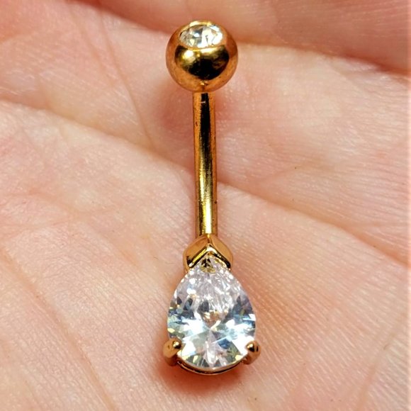 Golden Classic Teardrop Sparkle Gem Belly Button Ring - Picture 2 of 4